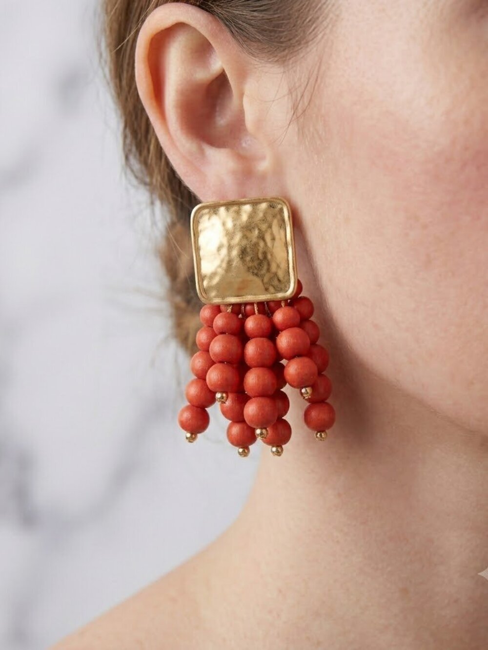 ✨ Bold Red Bead Tassel Statement Earrings | Gold Hammered Square